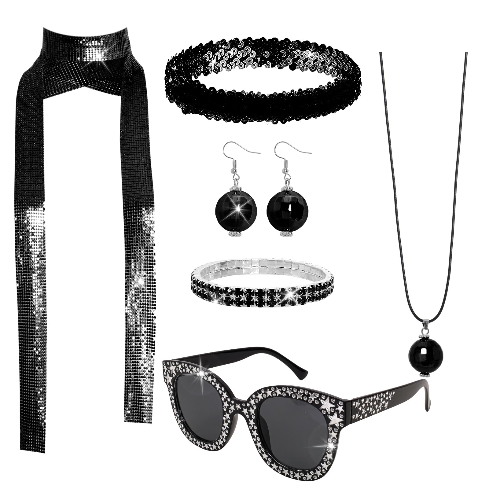 6-teiliges 70er Disco Accessoire Set – Pailletten-Schal, Stirnband, Armband, Halskette, Ohrringe & Brille 6-teiliges 70er Disco Accessoire Set – Pailletten-Schal, Stirnband, Armband, Halskette, Ohrringe & Brille