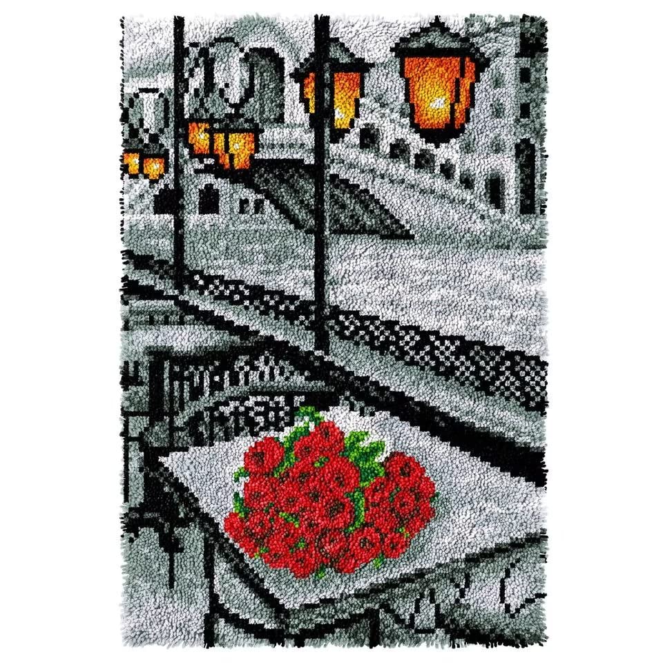 ROCKY&CHAO Latch Hook Kits ​​Rose in The Snowy Night​​ 60x40 CM DIY Latch Hook Rug Kit Home Carpet Rug Making Kit, Cross Stitch Embroidery Kits Needlework Crafts Rug for Home Decor — image 1