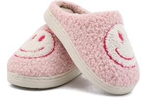 V-CEN Smile Face Slippers for Kids Happy Face Slippers for Girls Boys Soft Plush Warm Slipper Anti-Slip Winter Fluffy House Shoes Soft Memory Foam Comfort Cotton Kids Slippers Indoor and Outdoor
