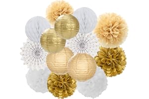 White Gold Party Decorations Streamers - 14pcs Christmas Wedding Engagement Paper Lanterns Fan,Tissue Pom Poms,Honeycomb Balls,Bachelorette Neutral Birthday Baby Bridal Shower Decor Lasting Surprise