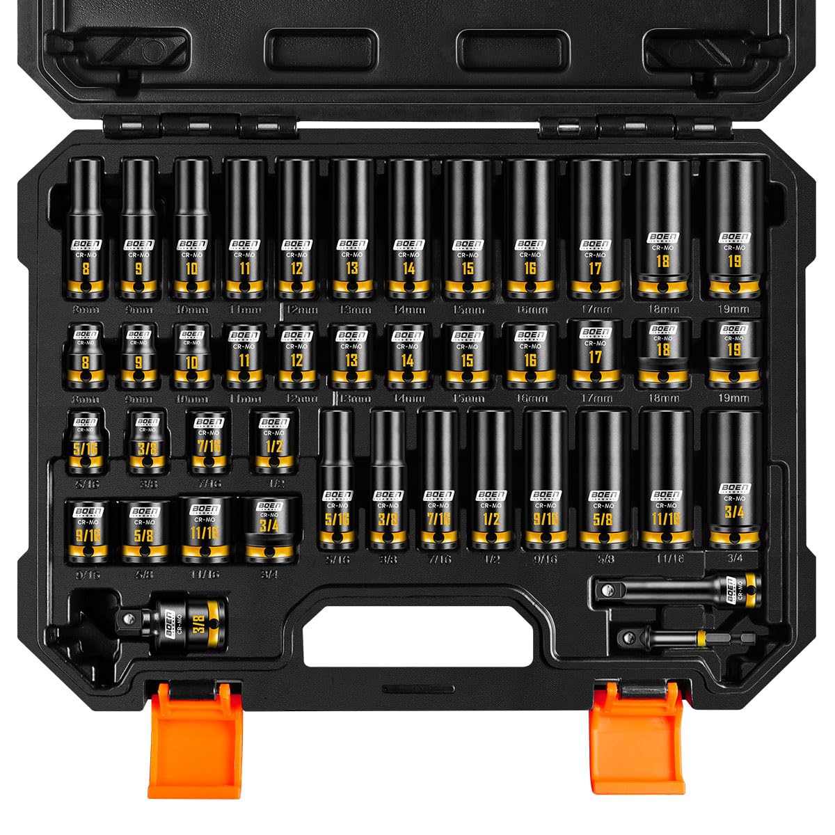 Photo 1 of BOEN Pro 3/8" Drive Impact Socket Set, 43-Piece SAE(5/16"-3/4") & Metric(8-19mm) set, 6-Point Deep & Shallow Kit with Deep Embossed and Painted Marking, CR-MO, Includes Extension Bar, Universal Joint