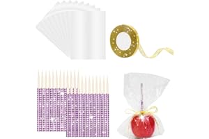 Coldairsoap Glitter Candy Apple Sticks and Bags, 24P Bling Sticks with 30p Candy Bags & 1 Roll 25yd Glitter Ribbon, Caramel A