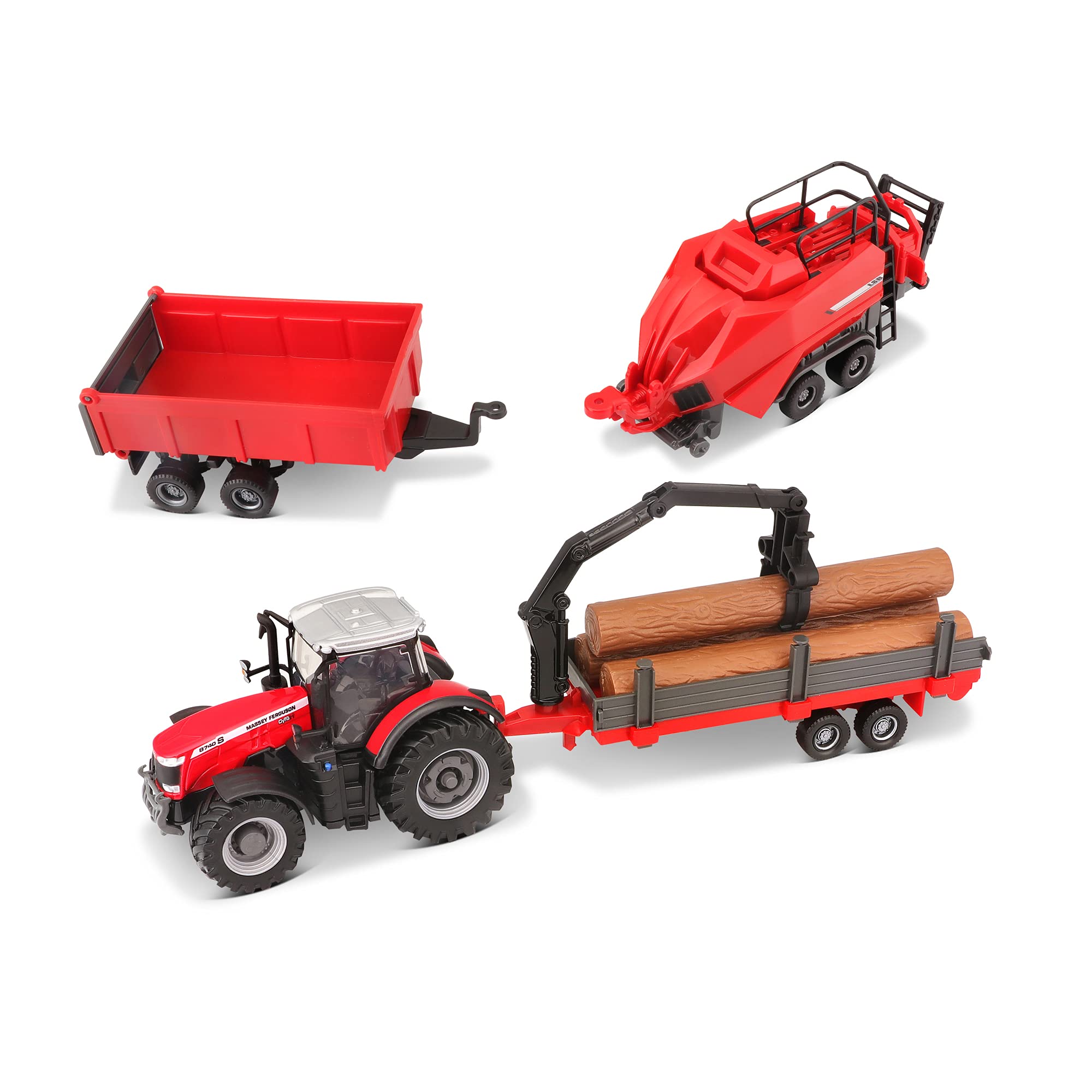 Bburago Die-Cast MASSEY FERGUSON 8740S FARM TRACTOR WITH 3 TRAILERS - Detailed Replica Collectible Model Toy, Red