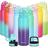 Oldley Insulated Water Bottle with Straw 20oz Stainless Steel Water Bottles with 3 lids Double-Wall Vacuum Thermal for Kids Adults School Sports, A-Green-purple