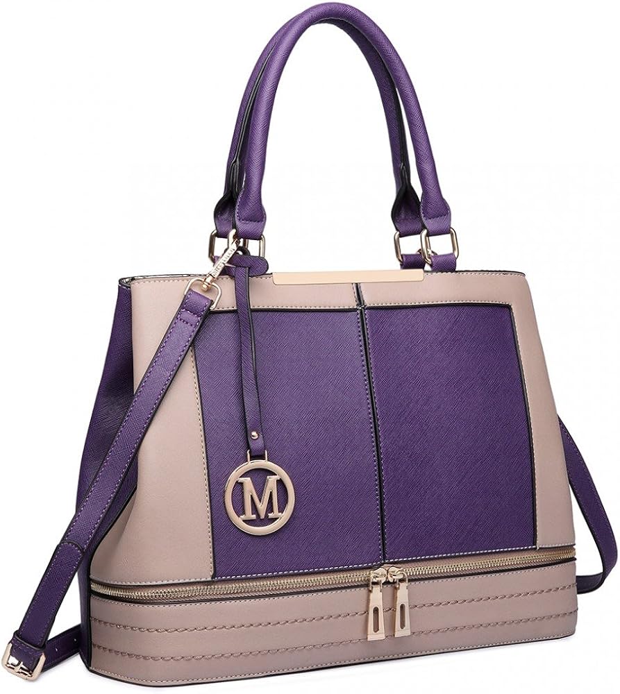 Women Designer Look Faux Leather Tote Shoulder Handbag (Purple