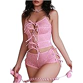 Milumia Women's 2 Piece Pajama Set Floral Lace Sheer Tie Front Cami Crop Tops and Shorts Set