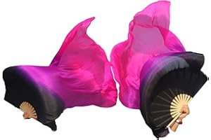Winged Sirenny Belly Dance Silk Fan Veils Adjustable Pairs, 70"(180 cm) Worship Praise Flags Streamers(black-purple-pink)