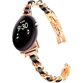 LYSANDRA Slim Rose Gold Bands Women Feminine Elegant Compatible with Google Pixel Watch 3 41mm/45mm, 2, 1, Adjustable Metal Chain Bracelet Strap with Leather
