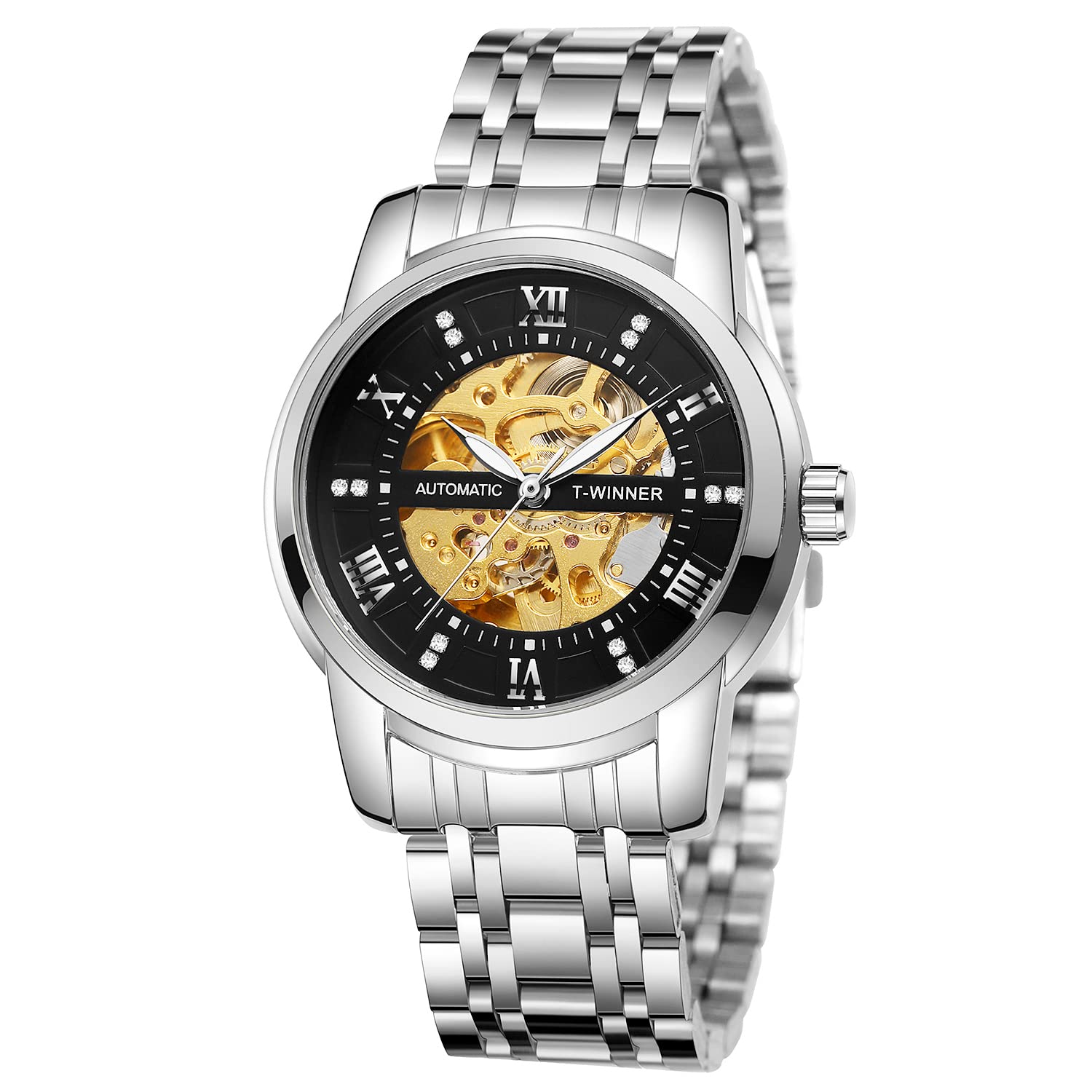FORSINING Men's Automatic Self Winding Watch Luxury Skeleton Waterproof Stainless Steel Mechanical Wrist Watch (02-BlackGoldSilver)