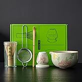 Matcha Set, Matcha Whisk Set Includes Hand-Drawn Matcha Bowl with Spout, Bamboo Whisk, Matcha Whisk Holder, Bamboo Scoop, Sifter - 5pcs Perfect Matcha Kit for Matcha Tea Ceremony