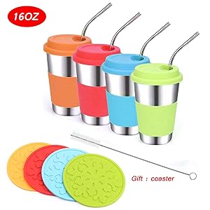 Stainless Steel Kids Cups with Lids and Straws,Vermida 4 Pack 16oz Metal Kids Straw Cups with Lids,Spill Proof Sippy Cups with Straws,Unbreakable Drinking Cups for Kids and Toddlers