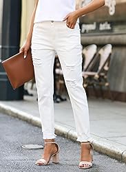 EVALESS White Womens Jeans Stretchy Boyfriend