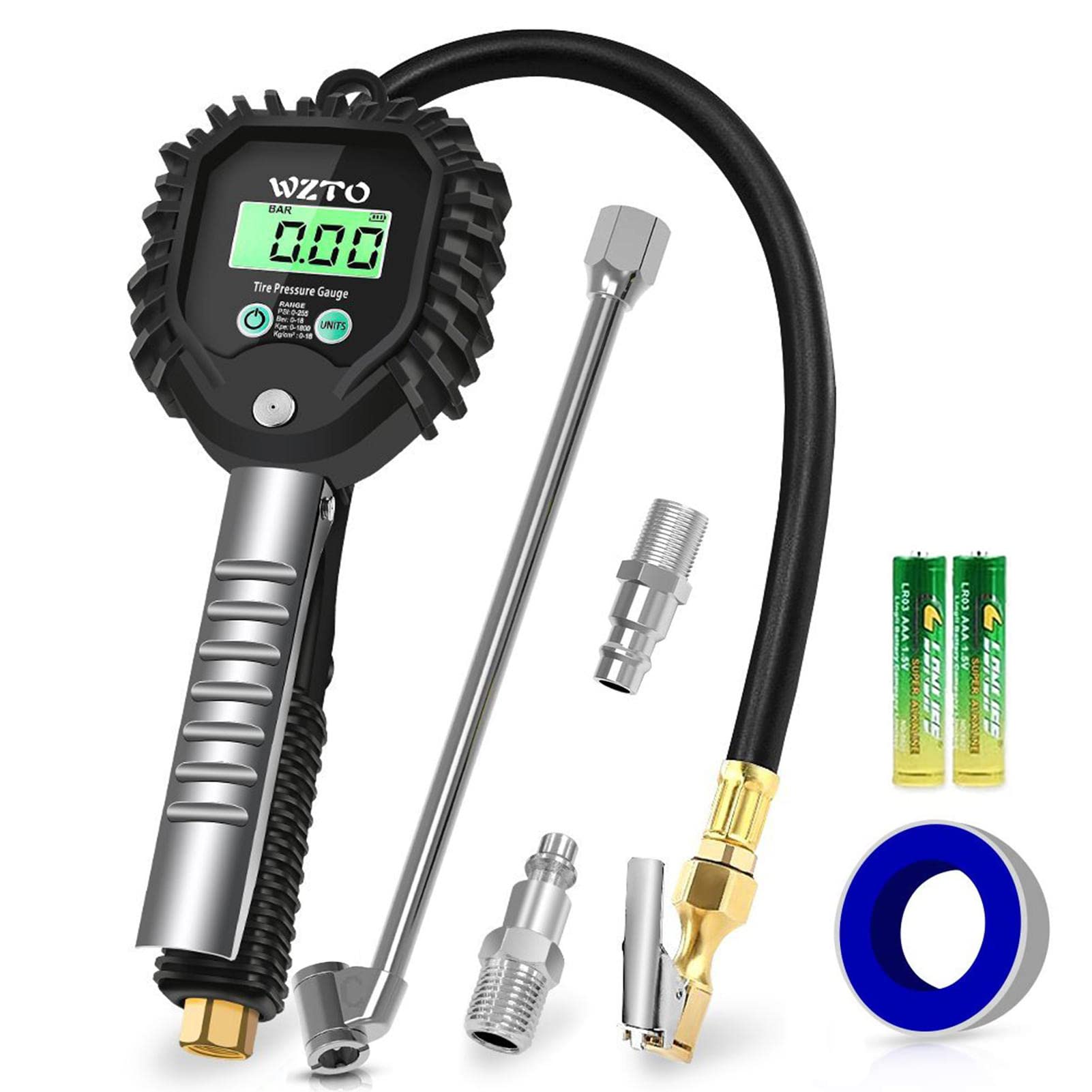 WZTO Digital Tyre Pressure Gauge 255 PSI High Precision 4 Settings Tyre Pressure Gauge With Backlit LCD Screen For All Vehicles Truck Motorcycle Black