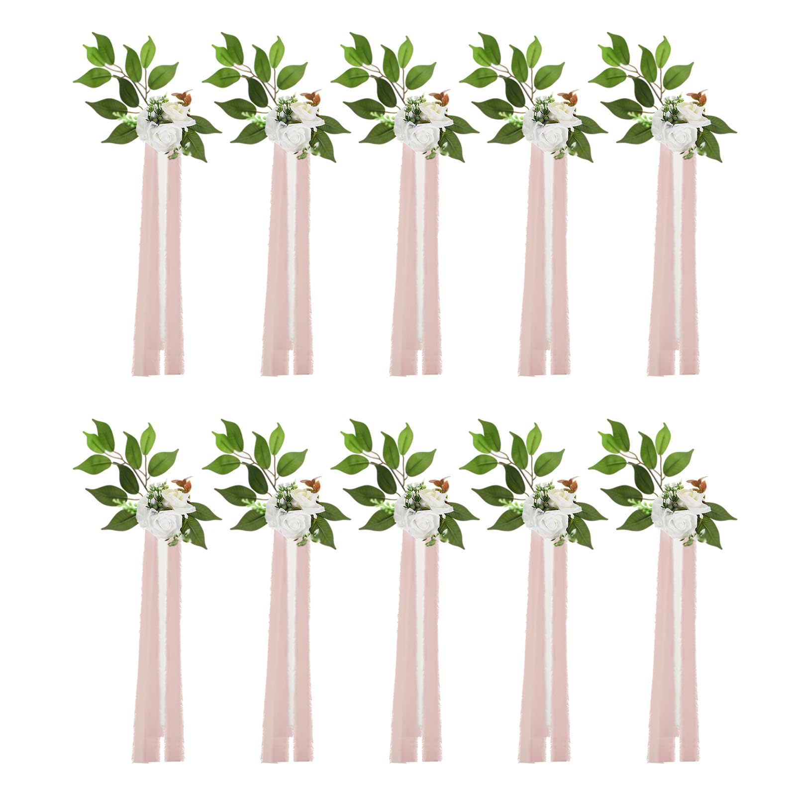 PATIKIL Wedding Chair Decorations Pew Flowers for Wedding Ceremony Chair Set of 10 Chair Floral Decoration with Artificial Flowers Eucalyptus and Ribbons for Church Chair Party, White