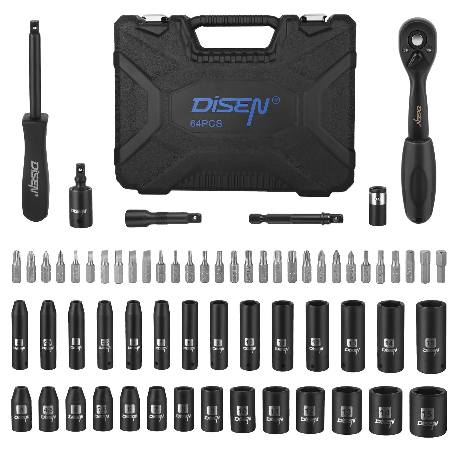 64PC 1/4 Inch Impact Socket Set With Ratchet & Screwdriver Bits - Metric & SAE