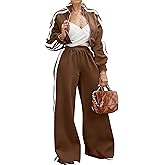 Akmipoem Sweatsuits Women 2 Piece Outfit Striped Tracksuit Long Sleeve Zipper Crop Sweatshirt Wide Leg Sweatpants Set