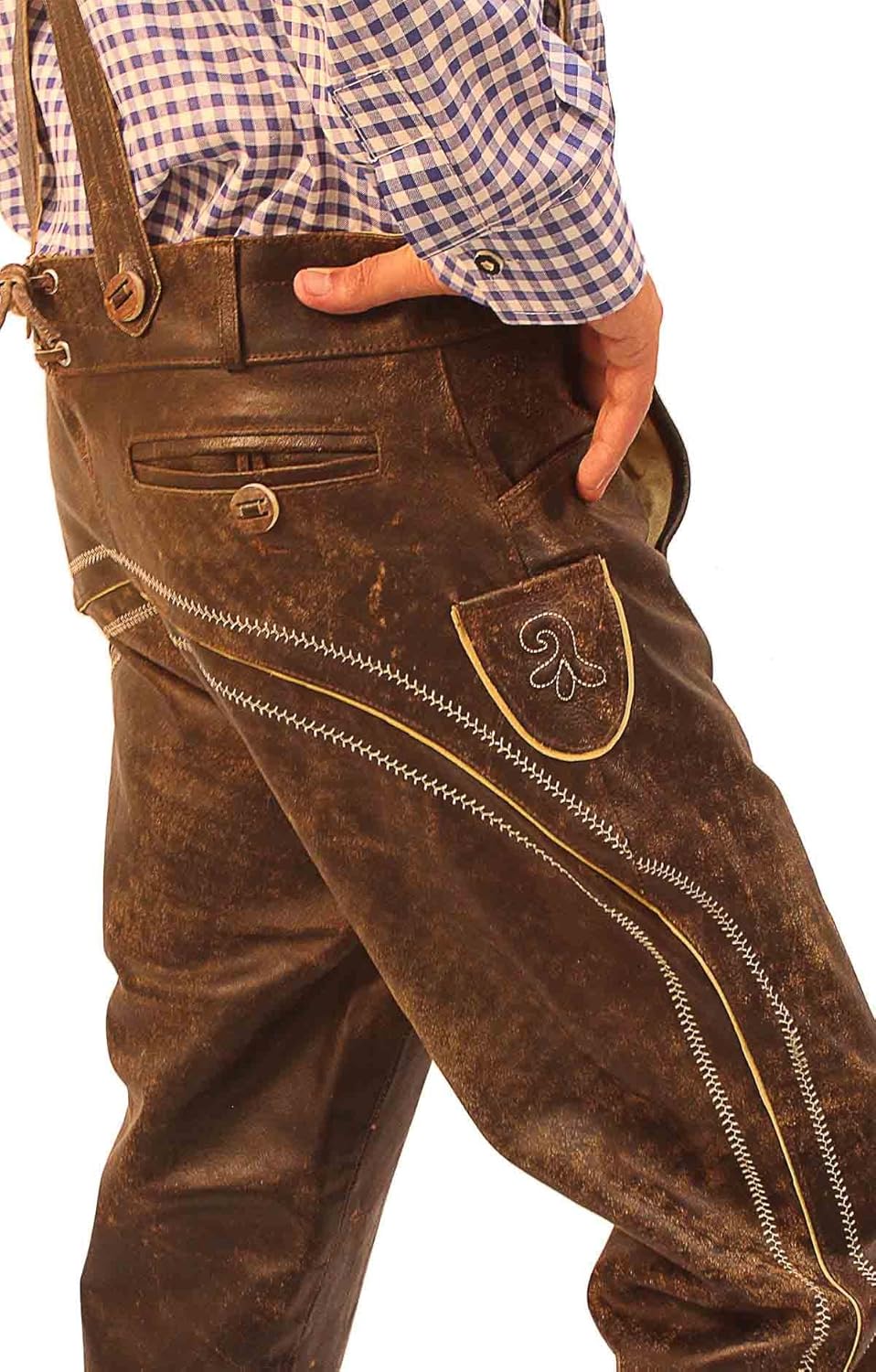 Oktoberfest Bavarian Long Bundhosen Men Authentic German Outfit Brown Wild Brown: Clothing