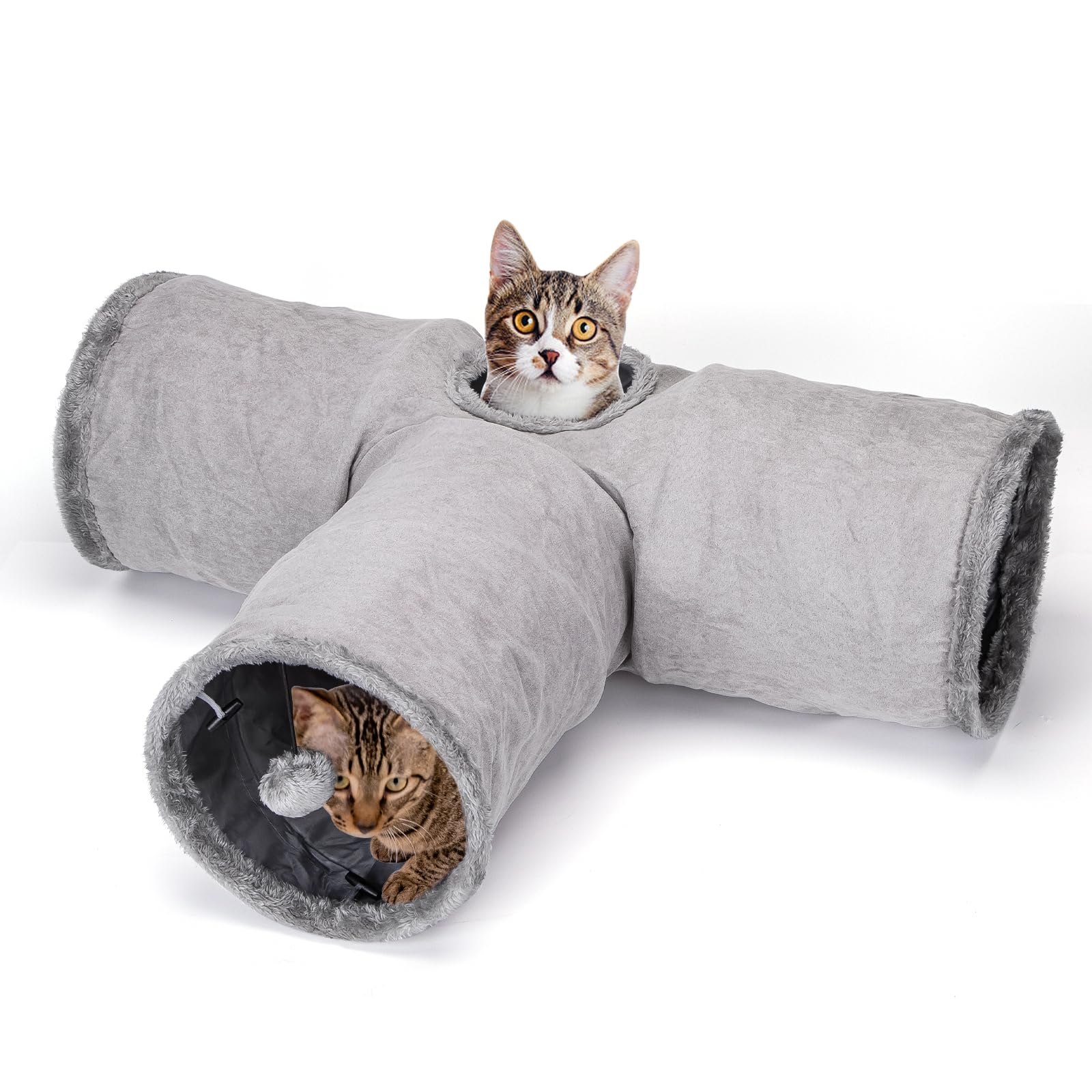 Nobleza 3 Way Collapsible Cat Tunnel Toy, Cat Tunnels in Suede for Indoor Adult Cats, Large Cats Play Tube Tunnel with Suspended Ball Peek Hole Crinkle Sound for Rabbit Kitten, D25*L80*W30cm, Gray
