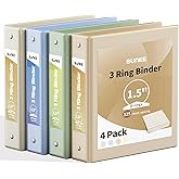 SUNEE 3 Ring Binder 1.5 Inch 4 Pack, Clear 1 1/2 Inch View Binder Three Ring PVC-Free (Fit 8.5x11 Inches) for School or Office Supplies, Neutral Aesthetic