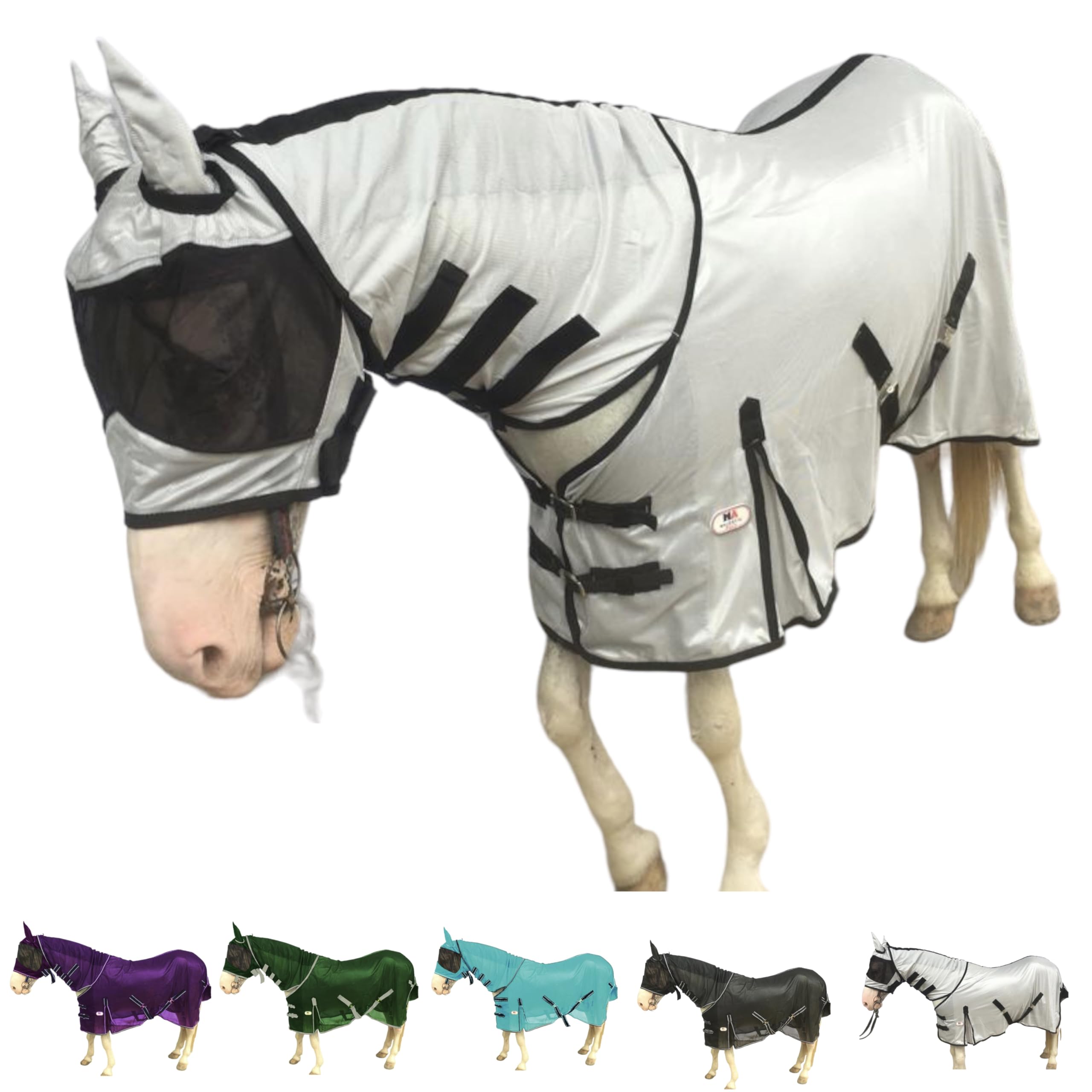 Majestic Ally Horse Fly Sheet with Neck Cover and Head Mask, Breathable UV and Bite Equine Protection, Adjustable Body Straps, Boarding or Turnout Accessory, Contoured Fit (Silver, 72 Inch)