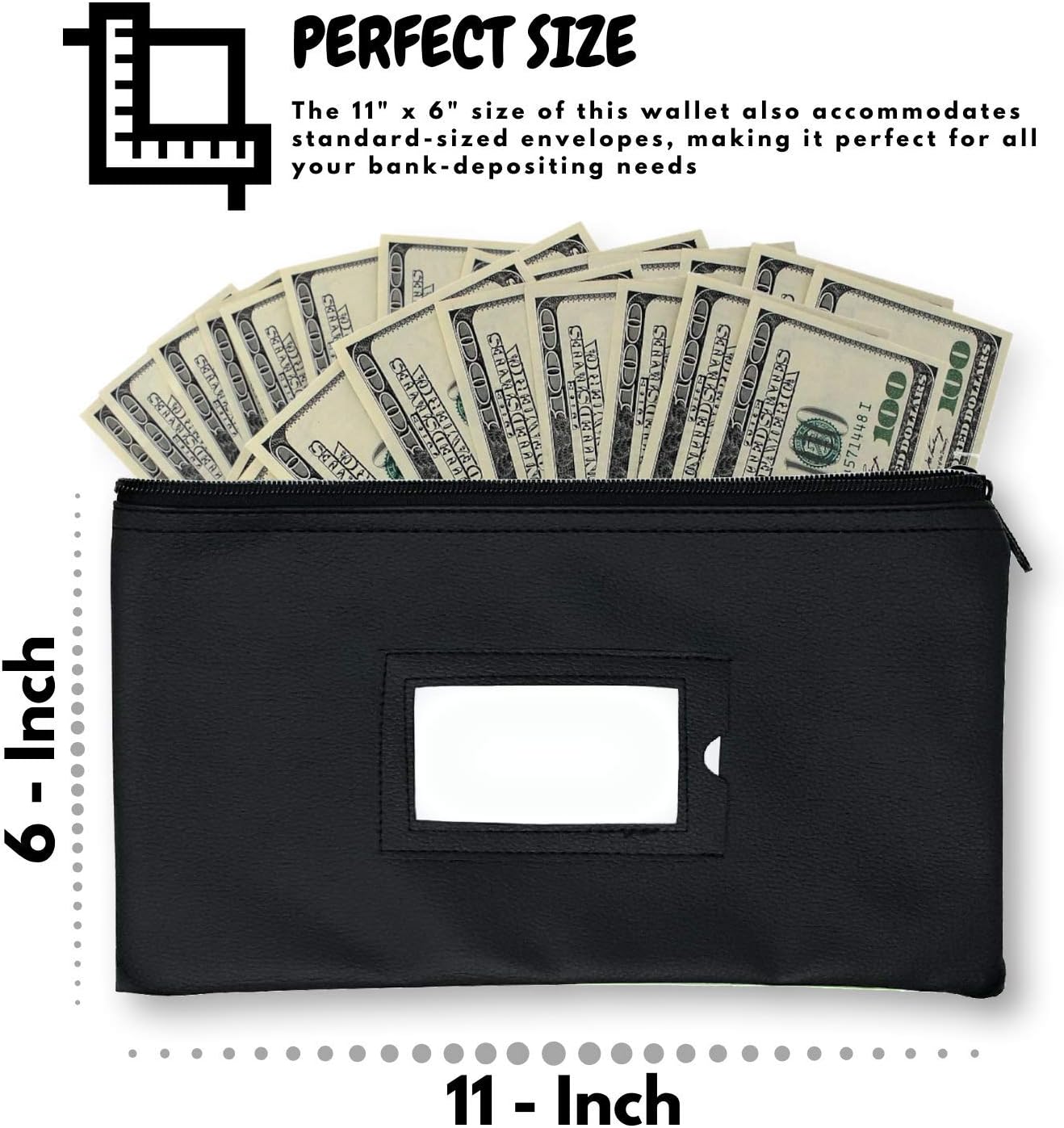 Money Bank Deposit Bag with Zipper | 11x6 inch | Durable Leatherette Money Cash Coin Check Wallet Pouch for Men & Women with Framed ID Window and Blank Card | by GIDABRAND (7) : Office Products
