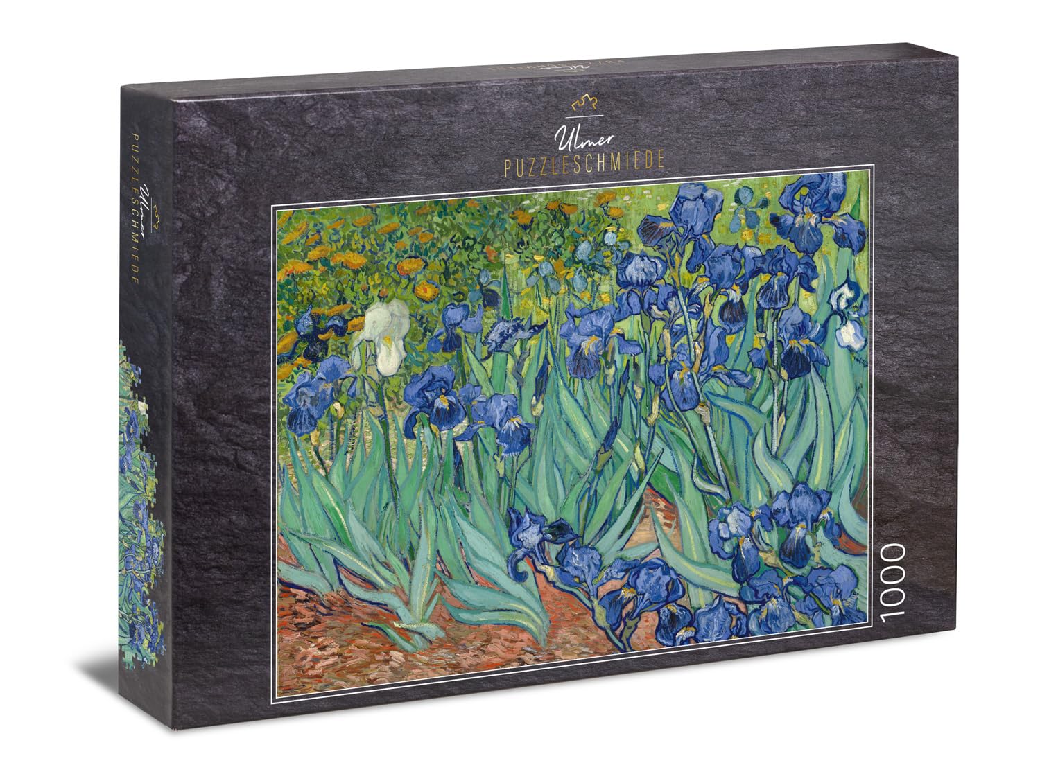 Ulmer Puzzleschmiede - Puzzle "Van Gogh, Irisis" - 1000 pieces jigsaw puzzle - Irises in front of a colourful flower meadow (van Gogh, Saint-Rémy, 1889)