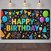 IVN Happy Birthday Decorations Banner 71x43 Inch Backdrop Black Multicolor Balloon Candy Theme Wall Display Photo Background for Men Women Kids