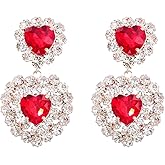 Kercisbeauty Sparkle Red Gemstones Beads Heart Pendant Stud Earrings Statement Jewelry for Women (Red)