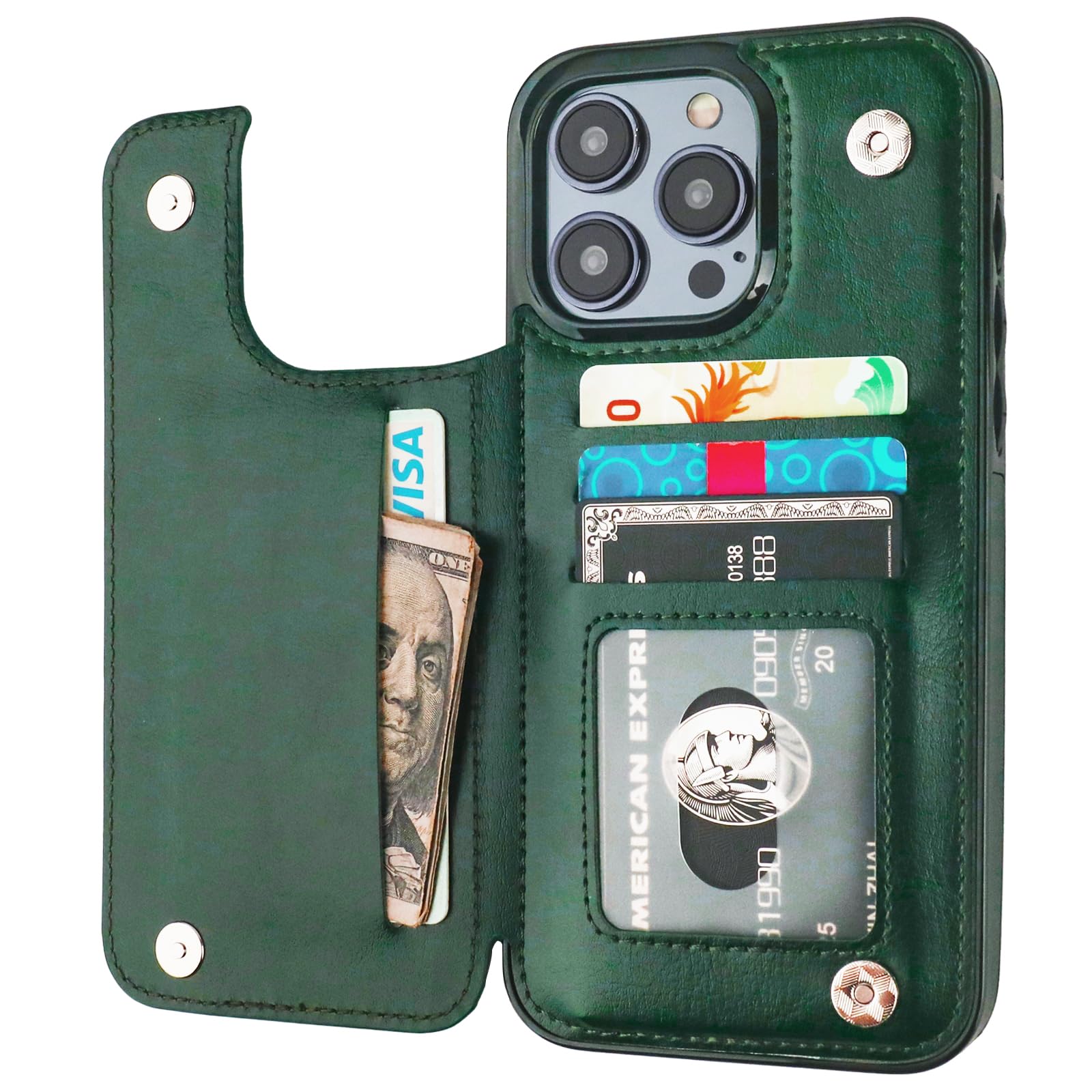 ONETOP Compatible with iPhone 15 Pro Max Wallet Case with Card Holder, PU Leather Kickstand Card Slots Case, Double Magnetic Clasp and Durable Shockproof Cover 6.7 Inch (Green)