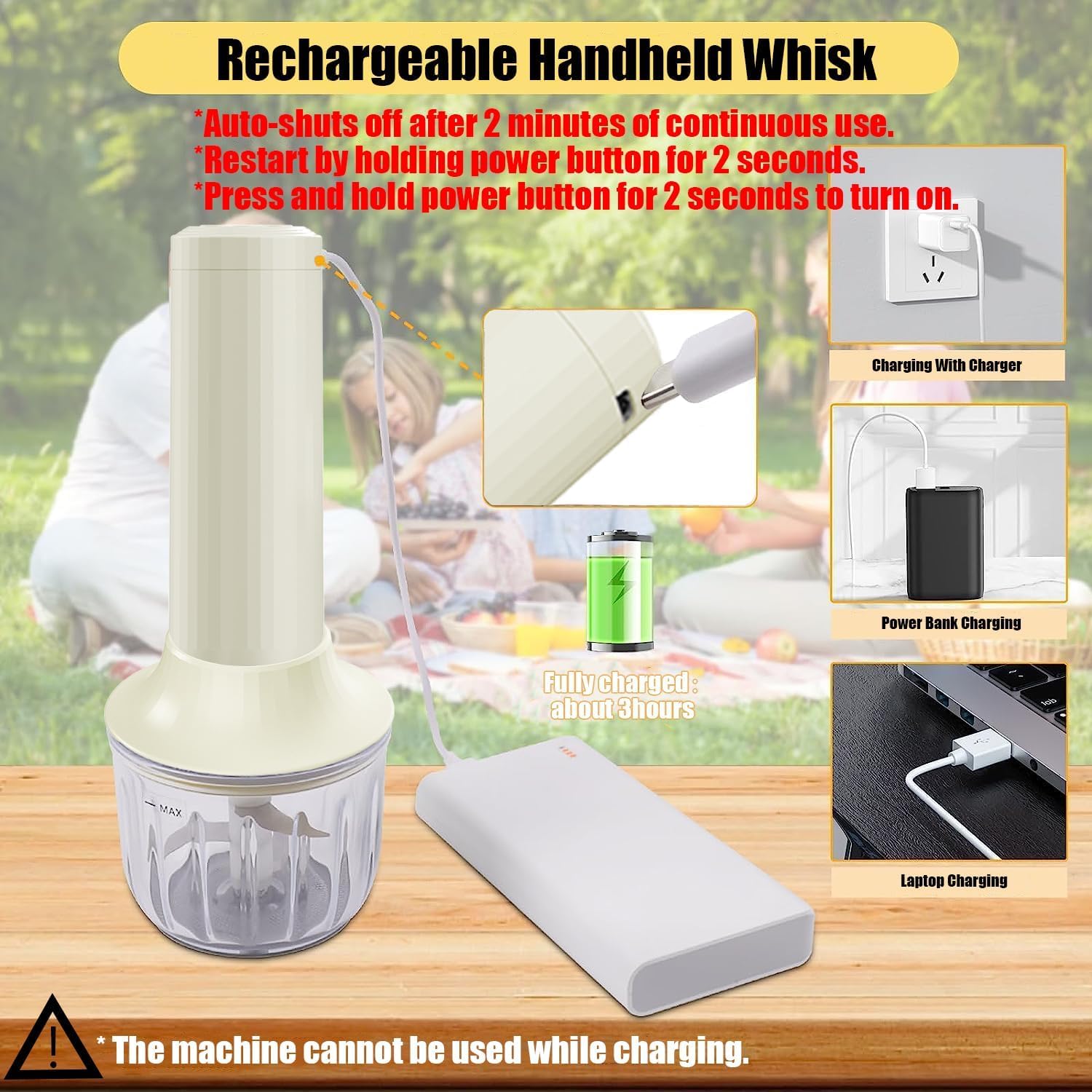 3-in-1 Elektrischer Schneebesen, PowCube Handmixer, Kleiner Kabelloser Stabmixer, Mini Zwiebelhacker 300ML, Wiederaufladbarer Elektrischer Schneebesen, Tragbarer 4-Gang-Handmixer 3