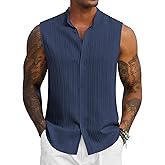 COOFANDY Mens Sleeveless Summer Shirts Beach Tank Tops Button Up Textured Tank Shirt for Vacation