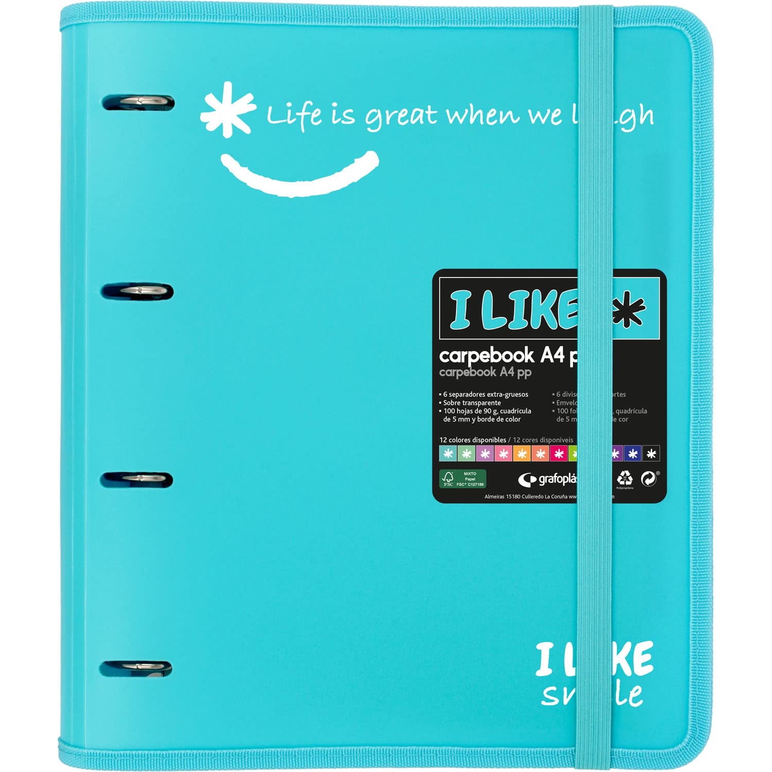 Grafoplás 88101833 4 Ring Binder with Refill, A4, Sky Blue, Semi-Rigid Polypropylene, Including Separators, Carpebook Like