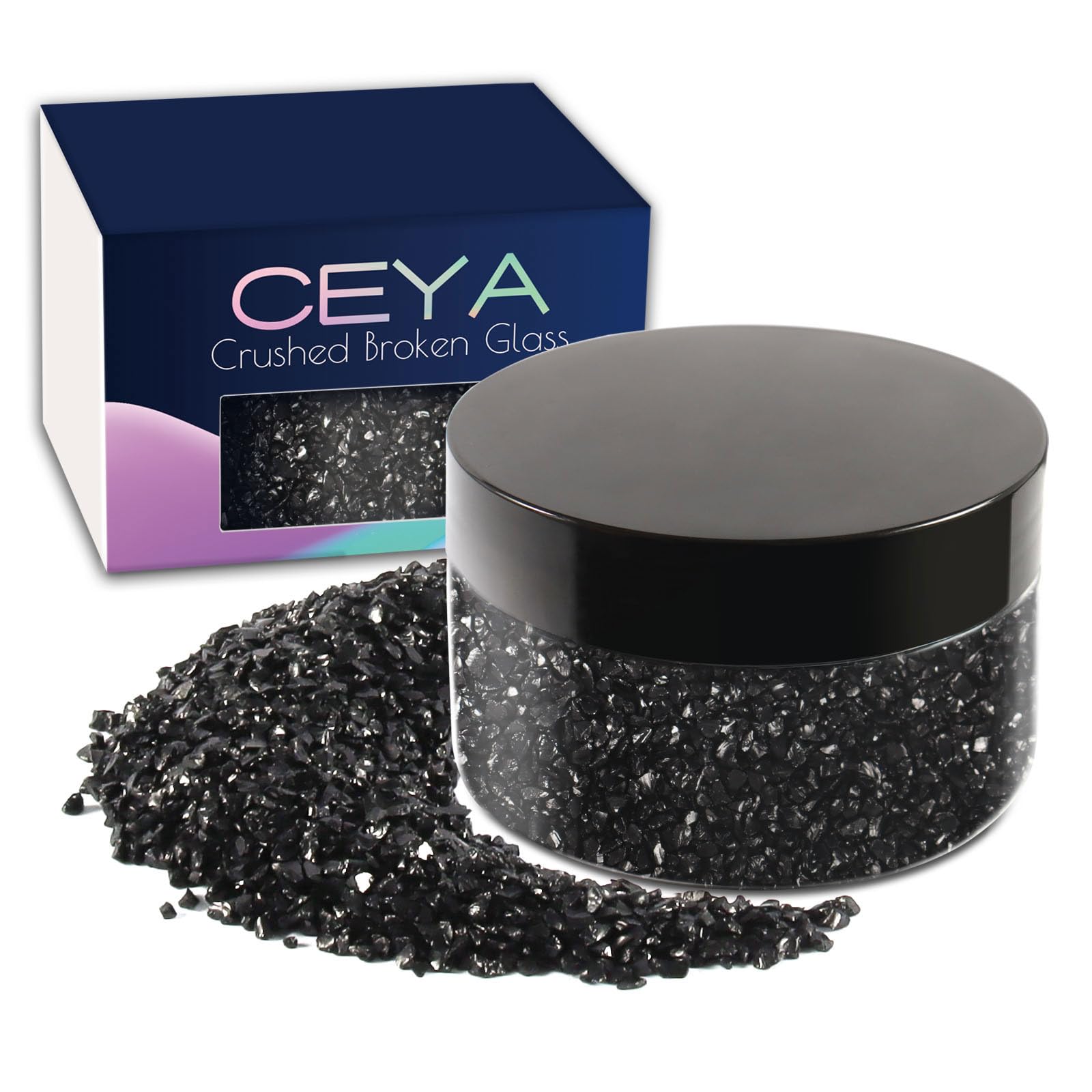 Ceya 5.3oz/ 150g Crushed Irregular Glass Black Metallic Crystal Chips Broken Glass Glitter 2-4mm Craft Chunky Glitter for Nail Arts Epoxy Resin Mold Coasters Ornament Painting Geode Phone Case Jewelry