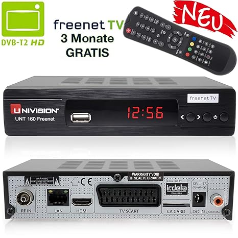 Univision UNT160 digitaler DVB-T2 Receiver inkl. 3 Monate Freenet TV (H.265, HDMI, SCART, USB, LAN) in schwarz