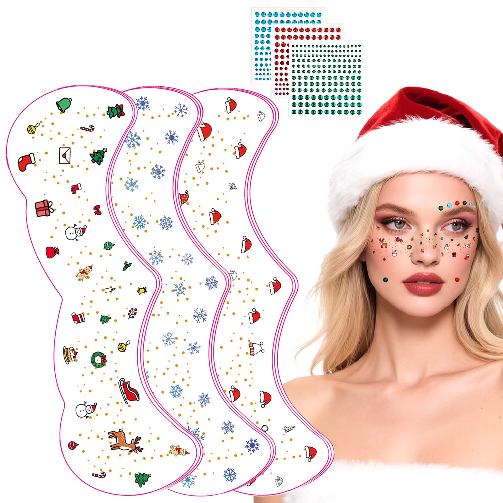 Photo 1 of 12 PCS Christmas Face Temporary Tattoos, With Red Green White Face Gems Glitter Freckles Face Tattoo for Kids and Women, Waterproof Christmas Accessories Face Makeup for Cosplay Party Supplies