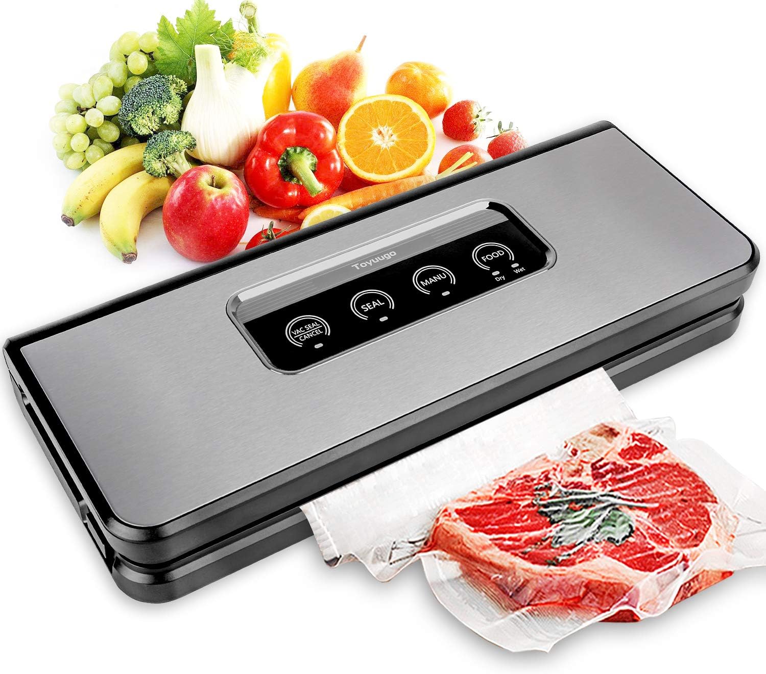 Food Vacuum Sealer, Toyuugo 3 in 1 Vacuum Sealer Machine Automatic/Manual Food Saver, Lightweight One-Touch Food Sealer for Dry and Moist Food Fresh Preservation with 10 Pcs Vacuum Bags