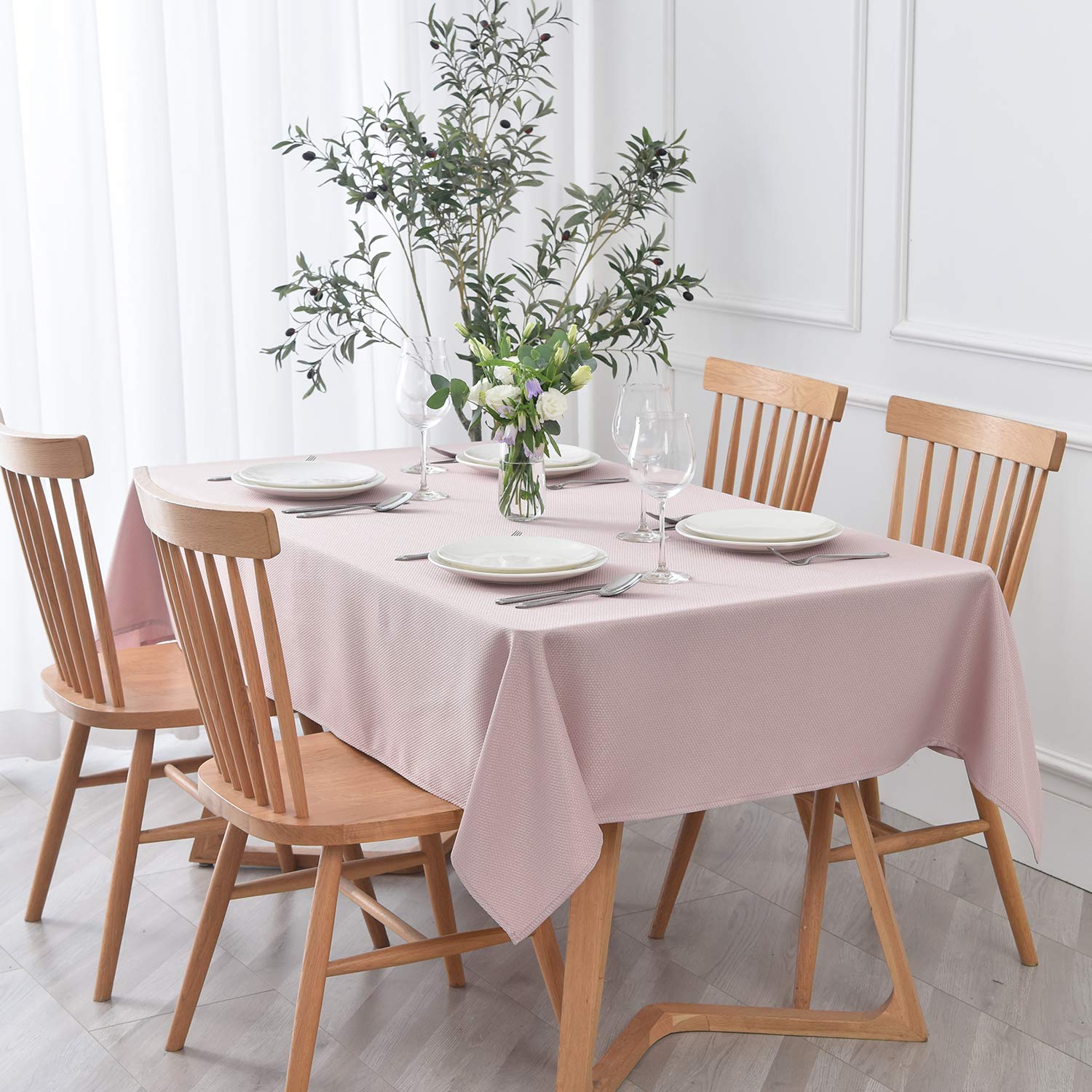 Photo 1 of maxmill Textured Rectangle Tablecloth Water Resistant Wrinkle Free Spill-Proof, Soft Jacquard Table Cloth for Banquet Parties Event Holiday Dinner, Indoor and Outdoor Use, 60 x 84 Inch, Dusty Pink