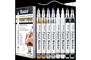TZARROT White Paint Pen, 8 Pack 0.7mm Acrylic Paint Pens with 2 White 2 Black 2 Gold 2 Silver Paint Pen Permanent Marker for Wood Rock Fabric Metal Plastic Ceramic Acrylic Paint Markers Extra Fine Tip