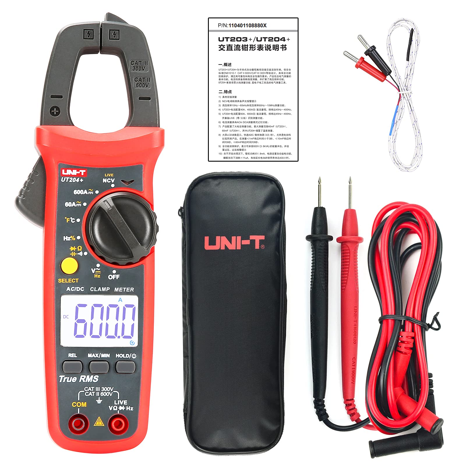 UNI-T UT204+ Digital Clamp meter Temperature AC DC current voltage Resistance tester multimeter