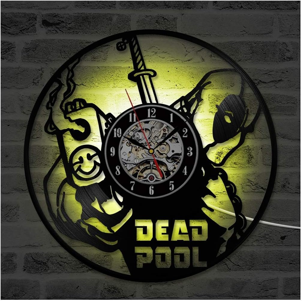 Vinyl Record Wall Clock Movie Dead Pool LED Lp Backlight Night Light Clock Modern Handmade Art Decoration Seven Colors- Kitchen Home Room,12 Inches / 30CM