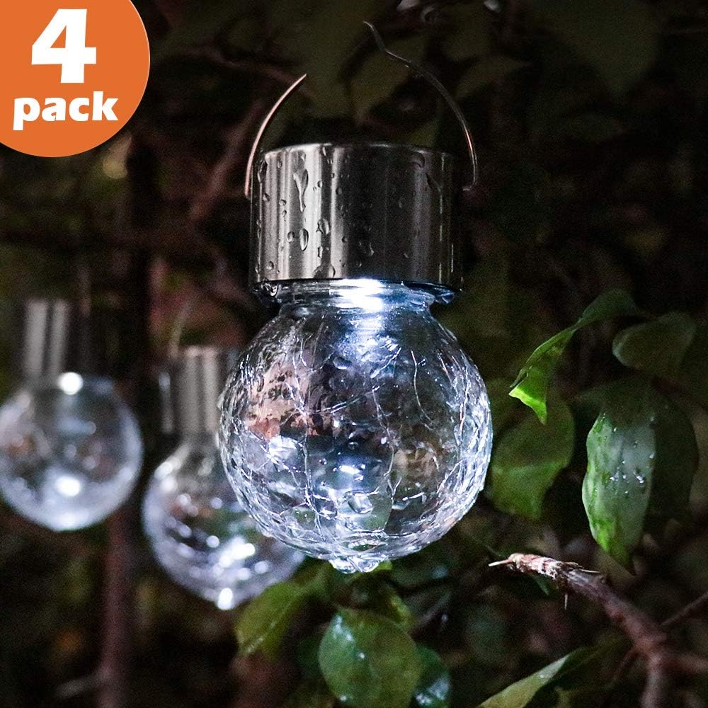 Torjim Hanging Solar Lights - 4 Pack White LED Solar Crackle Glass Ball Lights, Waterproof Outdoor Lanterns with Handle for Patio, Garden, Tree, Holiday Decoration