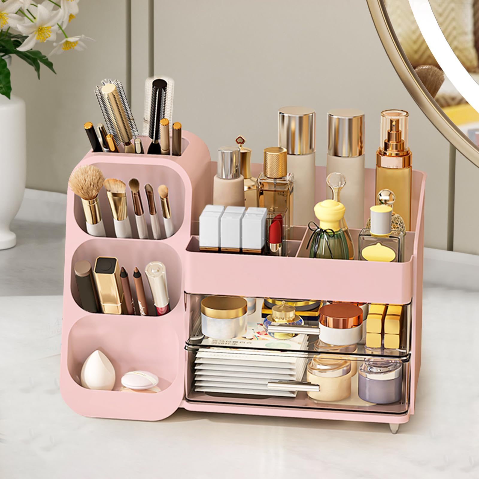 Photo 1 of Makeup Organizer Countertop, Vanity Organizer with Brush Holder, Cosmetic Display Case with Drawers, Skincare Organizer for Dresser, Bathroom, Large Make up Storage Cosmetic Holder for Women gifts