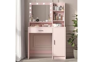 Palimder Vanity Desk with Mirror & Light, Large Drawer & Three Level Storage Dresser, 3 Lighting Modes Adjustable Brightness, Bedroom Dressing Table (Light Pink)