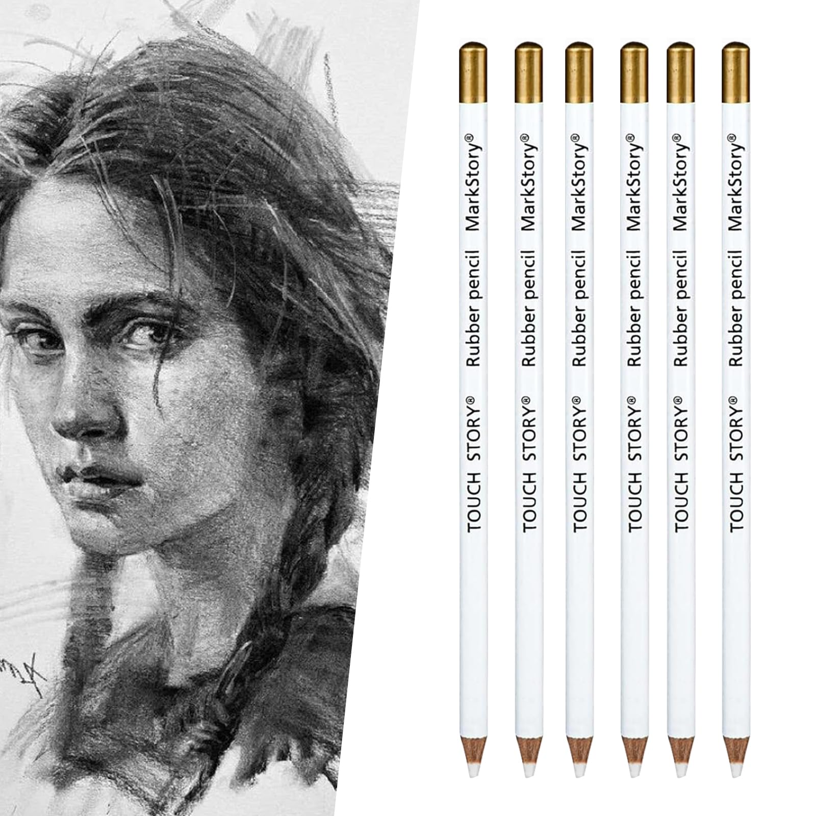 DOETYD Wooden Rubber Eraser Pencil Set - 6 Piece Highlight and Detail for Sketching Drawing