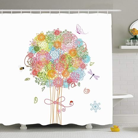Amazon フック付きシャワーカーテンセット72x78ホリデーツリーコンセプトパターンブーケ蜂スタイルアラベスク自然テクスチャスノーフレーク花柄 タトゥー防水ポリエステル生地バスの装飾バスルーム用 0x180 Cm シャワーカーテン ホーム キッチン オンライン通販