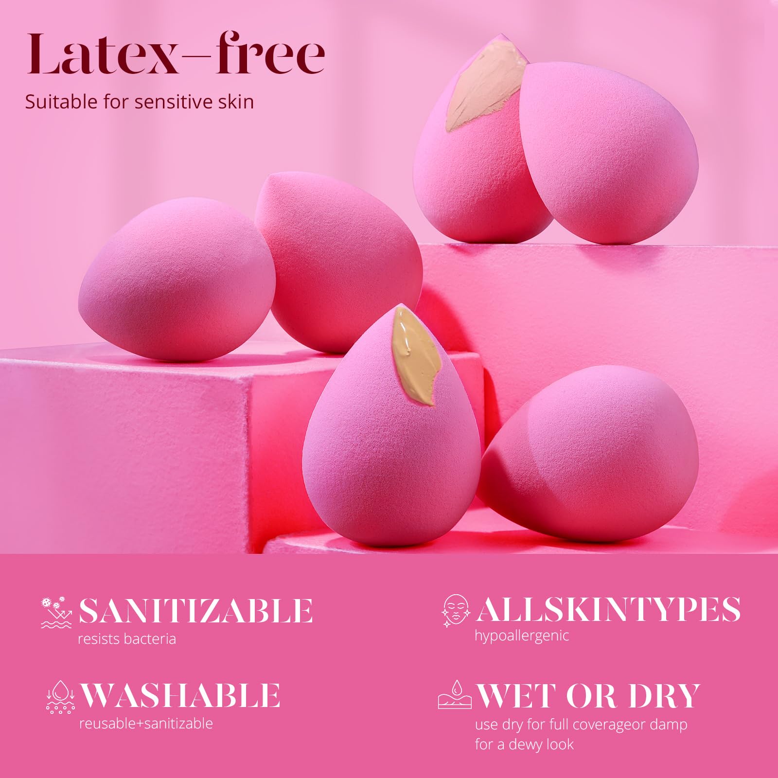 BEAKEY Super Soft Makeup Sponge Set of 6, Makeup Sponges for Foundation, Liquid, Cream and Powder, Pink Beauty Sponge for Blending, 0 Latex Blender