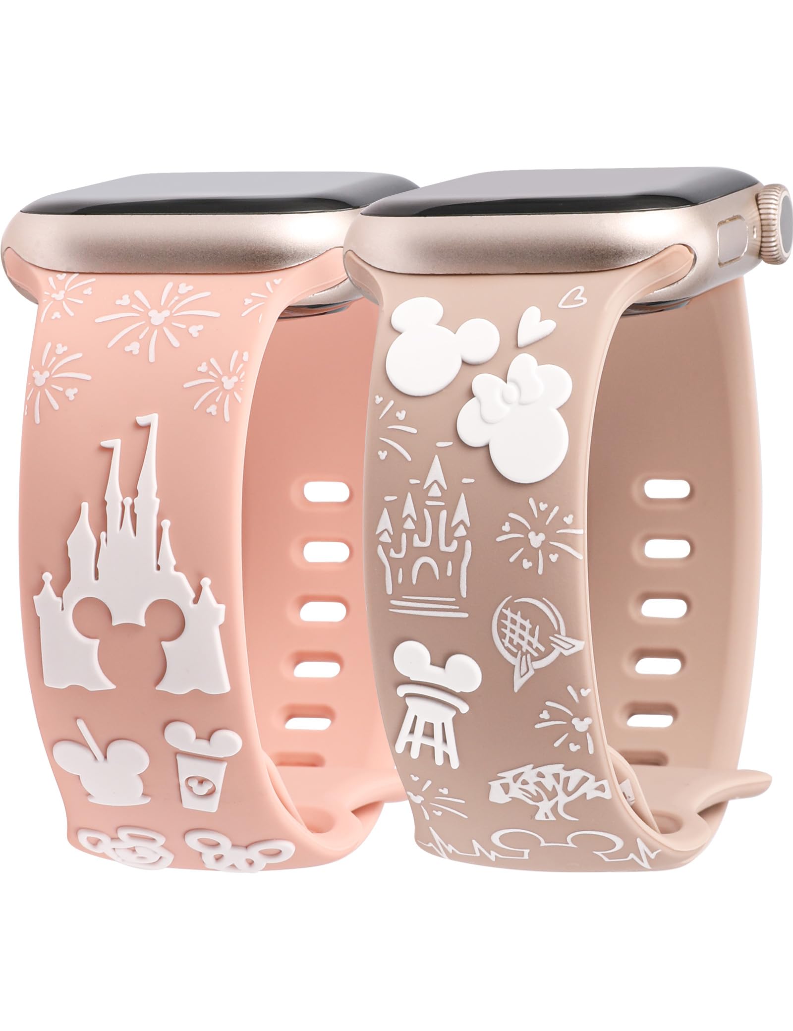 BEEXI 2 Packs Cartoon 3D Raised Band Compatible with Apple Watch Band 42/41/40/38mm Women Two-Tone Cute Silicone Strap for iWatch SE Series 10/9/8/7/6/5/4/3/2/1/Ultra(1/2) Pink/Nude