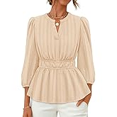 ZESICA Women's 2026 Fall Babydoll Peplum Tops V Neck Puff 3/4 Length Sleeve Shirts Dressy Casual Blouses