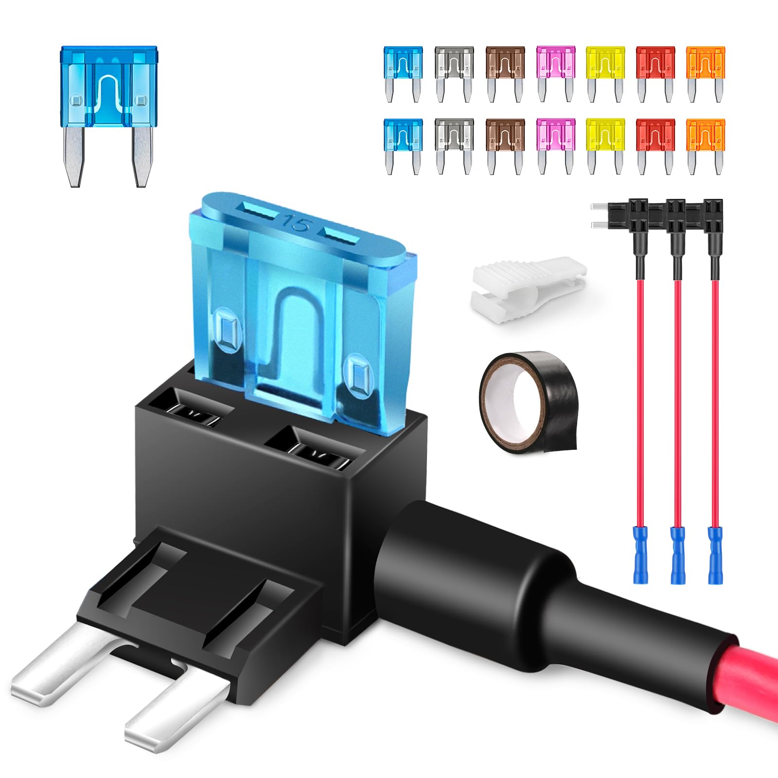 JOREST Mini Car Fuse Tap, 4pcs Piggy Back Fuse Adapter, Add a Circut 12V Fuse Holder with 14Pcs Mini (2A 3A 5A 7.5A 10A 15A 20A) Automotive Fuses +Electrical Tape+Pulle