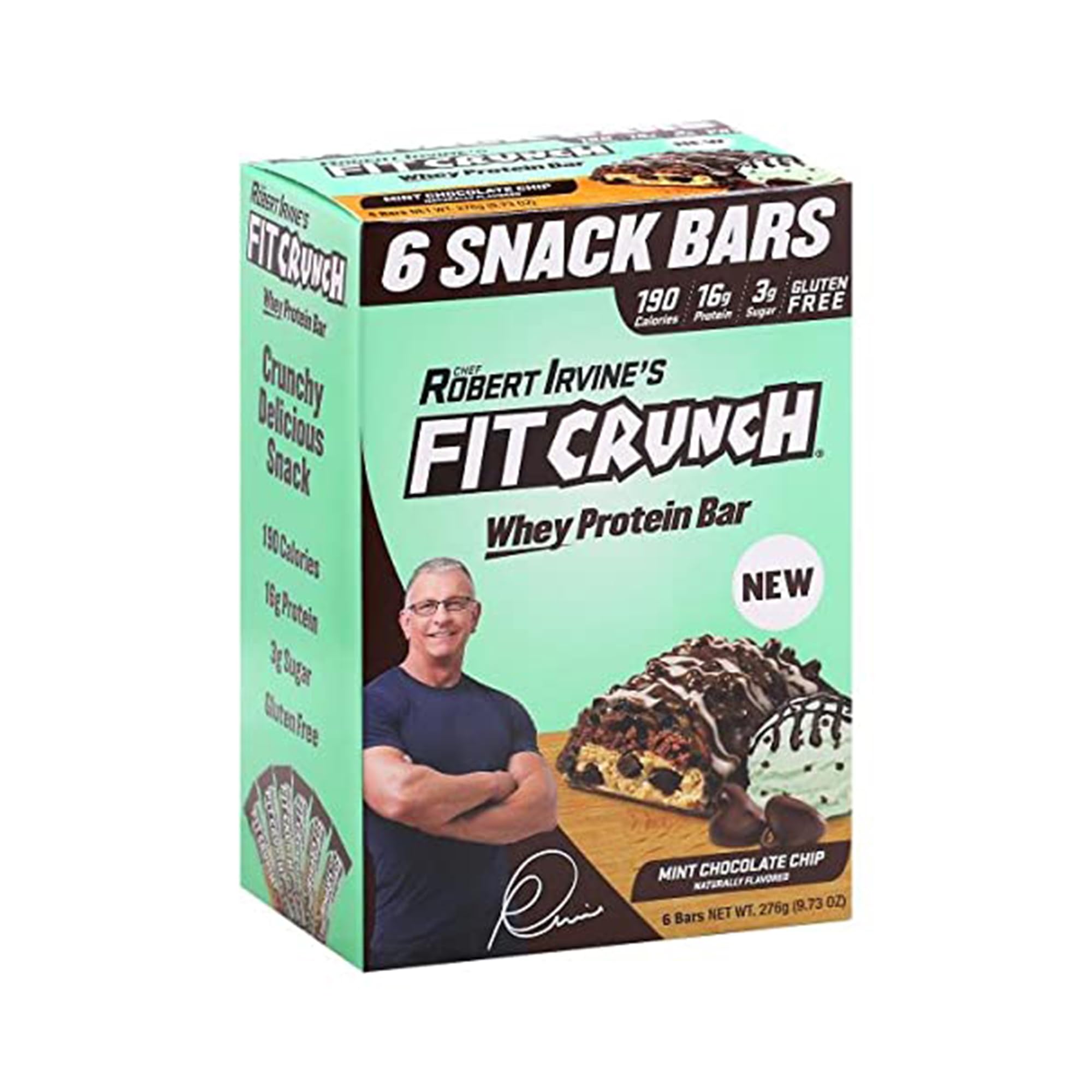 FITCRUNCH Snack Size Protein Bars, Designed by Robert Irvine, 6-Layer Baked Bar, 3g of Sugar, Gluten Free & Soft Cake Core (6 Bars, Mint Chocolate Chip)